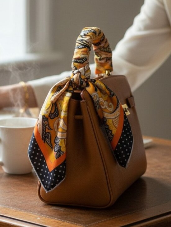 None Accessories - Vintage Pure Silk Paisley Square Scarf Gold Orange Black Polka Dot Hand Rolled